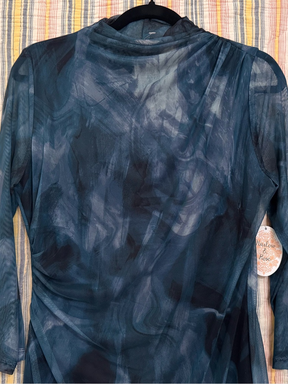 Long Sleeve Sheer Navy Watercolor Mesh Print Dress with Ruched Waist and Collar
